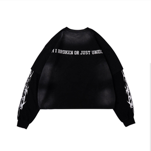 Sudadera de algodón extragrande de manga larga para hombre, estilo urbano, cuello redondo, tejida en negro con estampado de letras y diseño de llamas en las mangas - Product Image 1