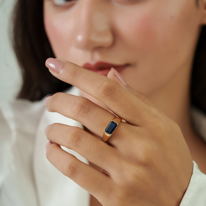 Premium Quality 6x9 mm Octagon Cut <b>Blue</b> Sapphire Signet <b>Ring</b> For Unisex Real K14 Yellow Gold New Style Trending Jewelry Supplier - Product Image 4