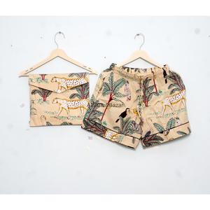 Luxurious 100% Cotton Casual Short Sleeve V-Neck Drawstring Pajama Set for Women Block Print Knitted Fabric Quick Dry Summer - Product Image 2