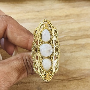 Hot Selling Trendy Vintage Filigree Moonstone Bezel Setting Three Stone <b>Ring</b> Boho Brass Women 18K Gold Plated <b>Chunky</b> Statement - Product Image 6