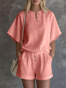 Conjunto de Dos Piezas de Verano para Mujer, Color Sólido, Informal, Top de Manga Corta con Detalle de Botones, Corte Holgado, Largo por Encima de la Rodilla - Product Image 3