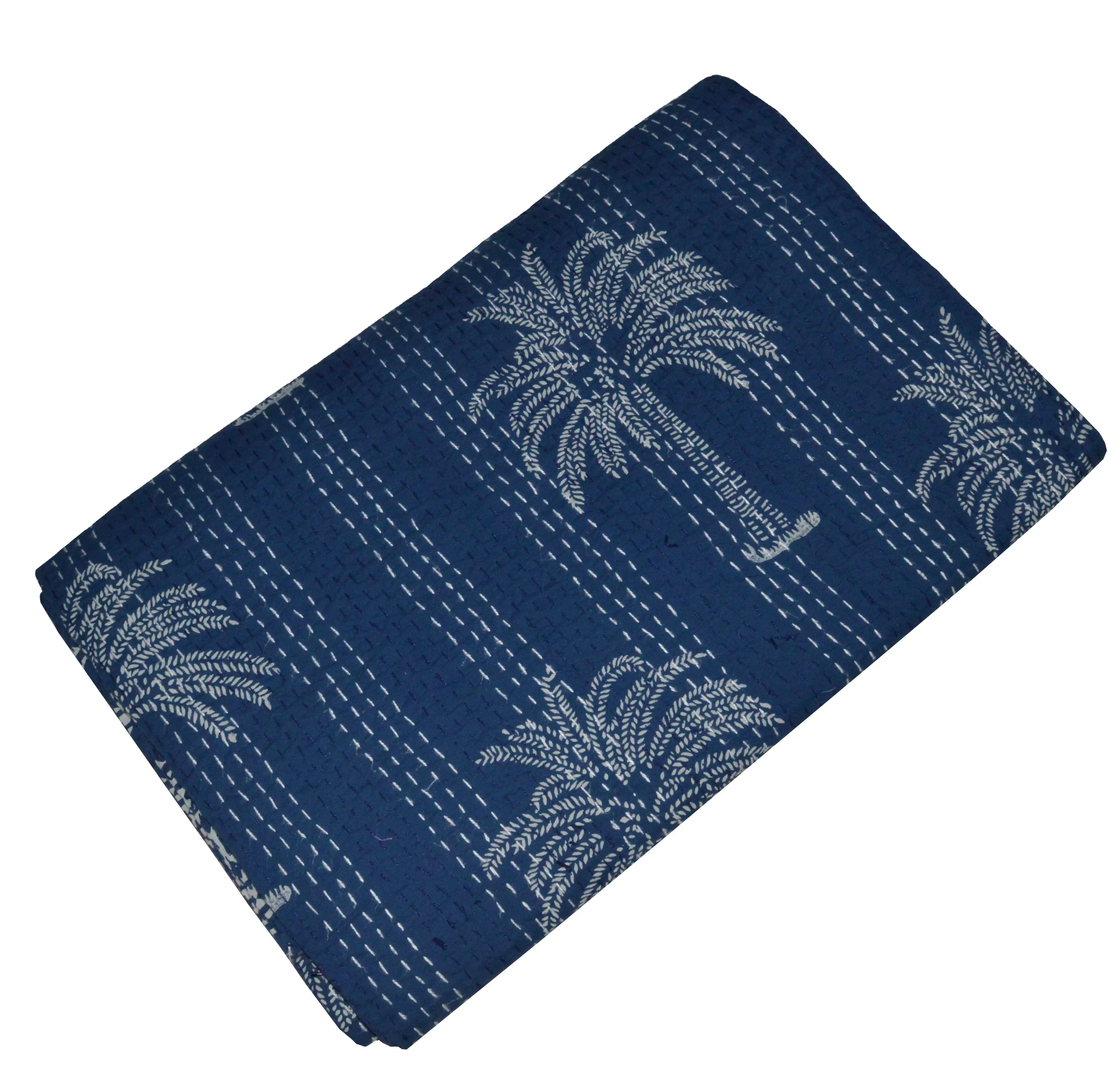 Indigo Palm Tree Print King Size Kantha Quilt Indian Handgemaakte Katoenen Sprei Beddengoed