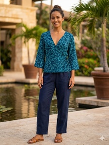 Blusa de Mujer con Cuello en V, Estampada, Tejida, con Manga Campana, Cierre Cruzado con Lazo, Corte Holgado, de Algodón y Rayón, para Primavera/Verano, Estilo Casual - Product Image 5