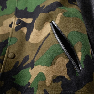 Chaqueta Bomber de Camuflaje para Hombre con Mangas de Cuero, Cuello Camisero, Estilo Casual de Otoño, Corte Regular, Cierre de un Solo Botón - Product Image 5