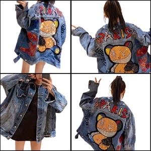2024 Hotsale New Spring Animal Print Washed Denim <b>Jacket</b> <b>Rhinestone</b> Pearls Beading Blue Plus Size Women's Loose Long Sleeve - Product Image 4