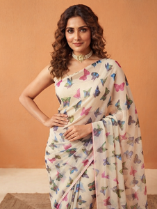 Blusa de Saree Sintético con Estampado de Mariposas, Estilo Bollywood, Larga hasta el Suelo, Absorbente de Humedad, Sin Arrugas, para Uso Casual - Product Image 4