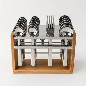 wooden cutlery stand <b>storage</b> holder utensil organizer spoon fork knife <b>kitchen</b> countertop rustic wood holder - Product Image 3