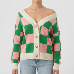 Wholesale Custom Pink Green Sororities <b>Cardigan</b> <b>Sweater</b> for Women Long Sleeve Checkered Knitted Button Up Designer Greek <b>Sweater</b> - Product Image 1