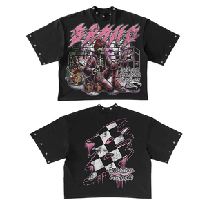 Nouvel ensemble deux pièces streetwear d'été : T-shirt court rouge à motifs graphiques effet vieilli et short en jean délavé - Product Image 3