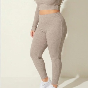 Leggings tricotés taille haute pleine longueur couleur unie extensibles grande taille pour femme, pantalon de yoga et d'entraînement sans couture en Spandex et Nylon - Product Image 2