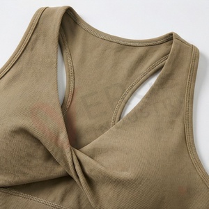 <b>Women</b> <b>Khaki</b> Racerback Yoga Set 2 Piece Twist Front Crop Top High Waist Leggings - Product Image 4