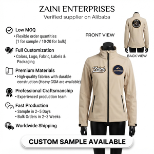 เสื้อแจ็คเก็ตซอฟต์เชลล์ผู้หญิง 320 GSM โพลีเอสเตอร์พรีเมียมผสมสแปนเด็กซ์ บุขนเฟลซสีเบจ ซิปเต็มตัว ปักลายตามสั่ง โลโก้แบบรีดร้อน - Product Image 1
