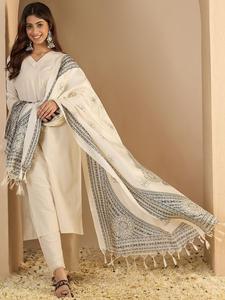 <b>Women</b> Ethnic Embroidered Pure Cotton Straight <b>Kurta</b> Set Trousers Dupatta V Neck Regular Fit Knee-Length Quick Dry All Seasons - Product Image 1