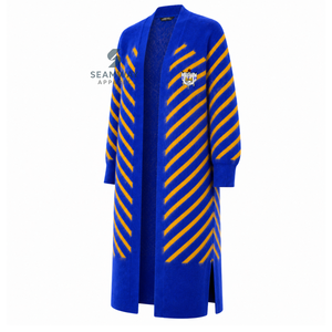 Sigma Gamma Rho Women's Longline Open Front <b>Cardigan</b> Blue Gold Striped Ribbed Cuffs Embroidered Duster <b>Sweater</b> With Side Slits - Product Image 3