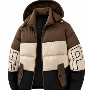 Men's Winter Color Block Puffer Jacket Hooded Zipper Stand Collar Sporty Windproof Polyester Wadding Thick Loose Fit - Product Image 1