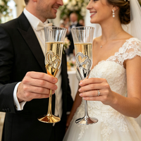 Ensemble de verres de luxe pour mariage, flûtes à toast à double paroi soufflées à la main, avec bordure en cristal et décorations en forme de cœur