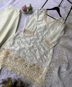 DESIGNER FENDY <b>BEADS</b> WITH SEQUENCE EMBROIDERY & CUT WORK <b>TOP</b> PALAZZO WITH DUPATTA 84597 WHITE - Product Image 4