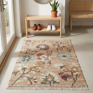 Natural Handwoven Geometric <b>Jute</b> <b>Rug</b> Modern Rustic Beige Multicolor Flatweave Anti-Slip Fringed Edges Living Room Home Decor - Product Image 1