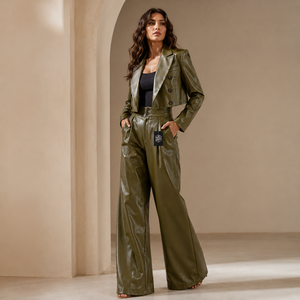Winter Fashionable Design Custom Logo High Waist Ladies PU Leather 2 1 Blazer Wide Leg <b>Pants</b> Elegant Regular Fit Breathable - Product Image 2