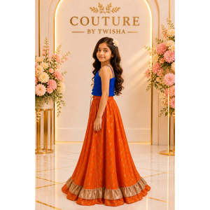 Girls Top with Lehenga Blue & Orange Sleeveless Solid Polyester Women's Sets - Product Image 4