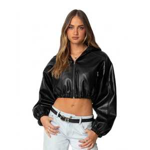 Cropped Hooded Bomber <b>Jacket</b> Women PU <b>Leather</b> Full Sleeve Solid Color Zipper Closure Autumn Style Windproof - Product Image 6