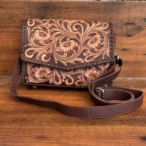 Sac à bandoulière en cuir repoussé à la main pour femmes Style occidental en cuir véritable marron pochette florale sac à main designer sac à main en peau de vache - Product Image 2