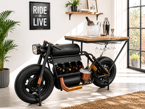 Motorcycle Bar <b>Table</b> Bike <b>Console</b> <b>Table</b> Wood Top Metal Base Wine Bucket Glass Rack for Home Hotel - Product Image 1