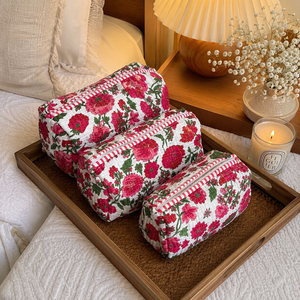 Luxury Red Rose Print 3 Piece Quilted Makeup Pouch Set Cotton Cosmetic <b>Bags</b> for Women Travel <b>Vanity</b> Toiletry Organizer Gift Set - Product Image 6
