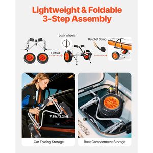 Carrello Pieghevole per Kayak con Pneumatici in Gomma Piena da 10 Pollici, Capacità di Carico 113 kg, 1 Cinghia a Cricchetto per Paddle Board e Carrelli Manuali - Product Image 3