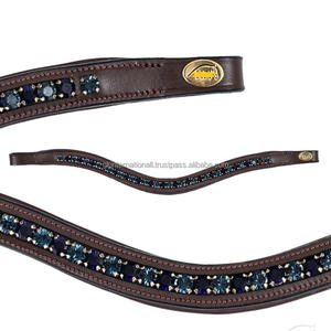 Customized Logo Black and Havana Brown Saddle Leather horse brow band with colorful <b>crystals</b> beads mega bling chain brow band - Product Image 1