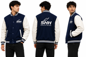 Premium Navy Cream Letterman <b>Bomber</b> with Contrast Sleeves Embroidered Chest Logo Striped Rib Trim Snap Front Unisex College - Product Image 5