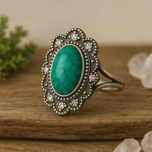 925 Sterling Silver Boho Oval Gemstone <b>Ring</b> with CZ Accents Copper <b>Turquoise</b> Vintage Bohemian Fine Jewelry - Product Image 4