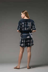 Ladies <b>Black</b> Tie Dye <b>Wrap</b> Dress Short Sleeve V Neck Mini Dress Casual Boho Style Lightweight Dress - Product Image 3