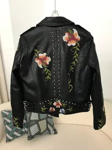Chaqueta Safari de Cuero PU para Mujer, Cortavientos, con Bordado Floral, Cierre de Cremallera, Cuello Camisero, Manga Larga, Largo Regular, Invierno - Product Image 2