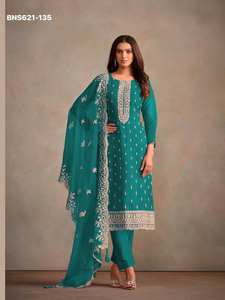 Collection Premium : Tenue Indienne en Soie Organza Lourde avec Broderie Multifilament et Sequins Jari – Kurta, Pantalon et Dupatta Ethniques - Product Image 6