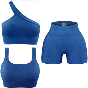 Comfortable Women 2 Piece Vintage Solid Workout Sets Seamless Ribbed Yoga Outfits Sports Bra <b>One</b> Shoulder <b>Top</b> Shorts Gym - Product Image 3