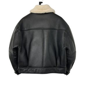 Unisex Black Sheep Skin Leather Shearling Biker <b>Jacket</b> Winter Warm Sherpa <b>Lined</b> Motorcycle Aviator Zipper OEM Service Nonwoven - Product Image 2