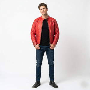 Chaqueta de moto de cuero genuino rojo para hombre, cuello alto, cierre de cremallera, corte regular, color sólido, estilo motero, para otoño - Product Image 3