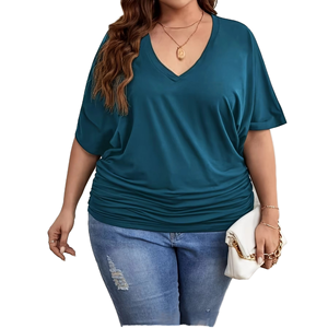 T-shirt à manches courtes et col en V pour femme, couleur bleu marine unie, grande taille, haut décontracté d'été - Product Image 5