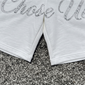 Shorts de sport unisexe en polyester/coton avec strass, en molleton bouclette, couleur unie, style hip-hop, avec cordon de serrage - Product Image 4