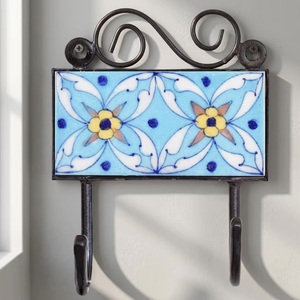 Ceramic Tile <b>Wall</b> Hook <b>Flower</b> Pattern 2 Hooks Vintage Style Handmade Eco-Friendly Waterproof Adjustable Self-adhesive Decorative - Product Image 4