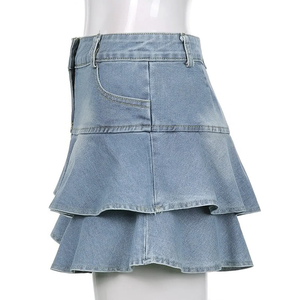 Mini-jupe en jean bleu clair à volants superposés, taille haute, en mélange de coton, ourlet à volants, douce, décontractée, de qualité - Product Image 4
