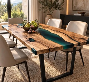 Table à manger de luxe en bois de noyer à bords naturels et résine époxy vert émeraude |   Meubles rustiques modernes faits à la main - Product Image 3