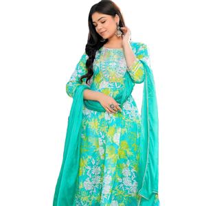 Algodón puro con trabajo bordado Anarkali Top con pantalón y Dupatta - Product Image 5