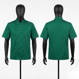 เสื้อเชฟคุณภาพพรีเมียม ผ้าทวิลโพลีคอตตอน 200 GSM สีเขียว แขนสั้น กระดุมสองแถว พิมพ์ลายซิลค์สกรีน แบบสั่งทำพิเศษ - Product Image 1