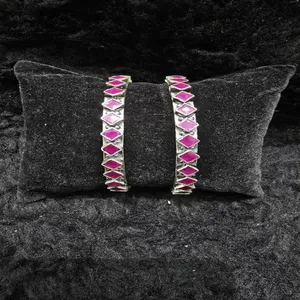 Bracelets géométriques en argent sterling avec pierres en forme de diamant rose, lot de 2 bracelets Kada en argent oxydé traditionnel pour femmes - Product Image 2