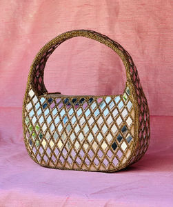 Sac de soirée classique en daim orné de perles et de miroirs, forme demi-lune, avec fermeture éclair, élégant sac à main de fête - Product Image 3