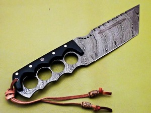 Cuchillo Bowie de Acero de Damasco con Hoja Serrada de Punta Clip y Mango de Asta Natural con Funda de Cuero OEM - Product Image 2