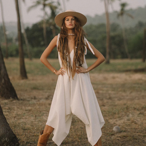 Combinaison de yoga en coton blanc, style bohème, coupe ample, pour festival et usage quotidien, sans manches - Product Image 1