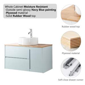 Moderno minimalista 36 pollici da bagno a parete vanità doppio cassetto porta singola blu mobile in legno massello lavello in ceramica arte blu - Product Image 3